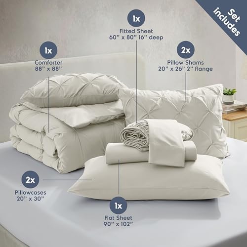 Nestl 9 Piece Queen Comforter Set – Off White Pinch Pleated Bed in a Bag – Complete Queen Size Bedding Set with Sheets, Set of 2 Cooling Pillows, Pillowcases and Shams