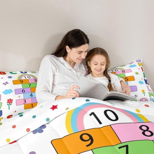 jejeloiu Alphabet ABC Comforter Set All Season Number Learning Bedding Set with 1 Pillow Cases Colorful Educational Microfiber Kids Twin Bedclothes Bedroom Decor Duvet Quilt