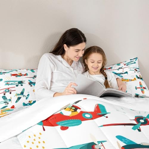 Cute Airplane Comforter Set Queen Size Kids Boys Cartoon Plane Bedding Set 3pcs Colorful Aviation Aircraft Quilted Duvet Graffiti Star Lines White Duvet Insert Teens Bedroom Decor,2 Pillowcases