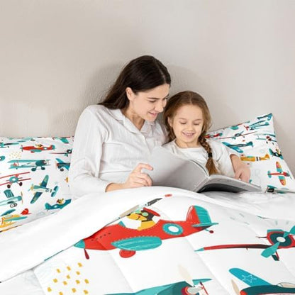 Cute Airplane Comforter Set Queen Size Kids Boys Cartoon Plane Bedding Set 3pcs Colorful Aviation Aircraft Quilted Duvet Graffiti Star Lines White Duvet Insert Teens Bedroom Decor,2 Pillowcases