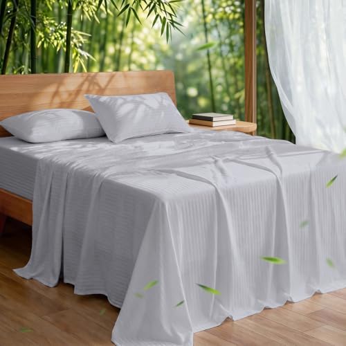 Cooling Sheets Set Twin Size, Viscose Derived from Bamboo for Hot Sleepers, Double Stitching, Deep Pocket to 15 Inch, Silky Soft and Breathable Bedding, 3PC (Twin, Jacquard Light Grey)