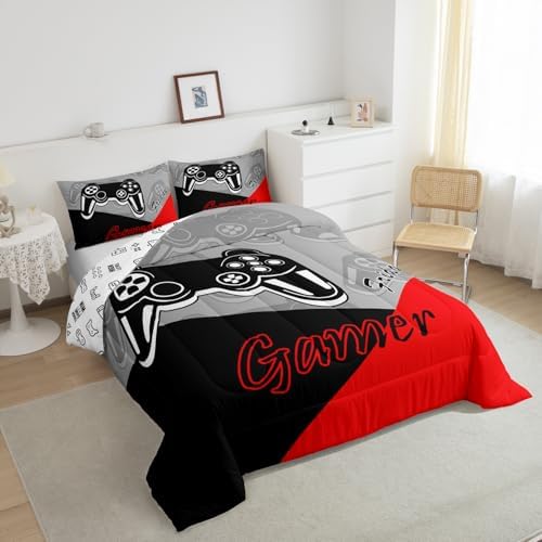 Feelyou Kids Gaming Toddler Size Comforter Video Game Bedding Sets for Child Boys Teen Gamer Down Comforter All Season Reversible Game Controller Home Decor,1 Comforter with 1 Pillowcase, Red