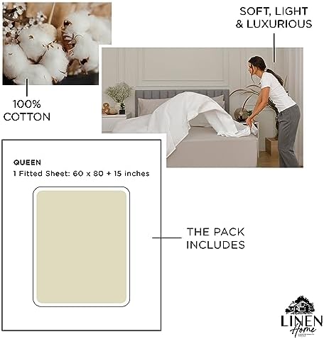 Linen Home Queen Size Fitted Sheet only 100% Cotton Percale, Cream