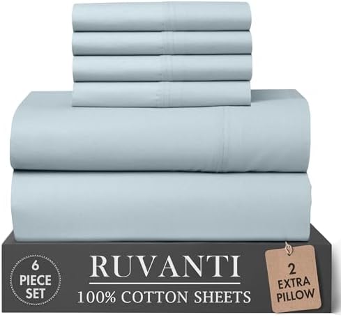 RUVANTI 100% Cotton Queen Sheets, Percale Queen Sheet Set, Blue