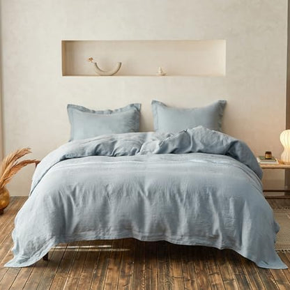 Simple&Opulence 100% Linen Duvet Cover Set with Crossed Embroidery Washed - 3 Pieces (1 Duvet Cover with 2 Pillow Shams) Soft Breathable Farmhouse - Dusty Blue, Queen Size