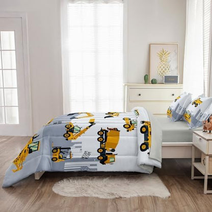 4-Pcs Engineering Vehicle Twin Size Bedding Set for Kids Boys, Grey