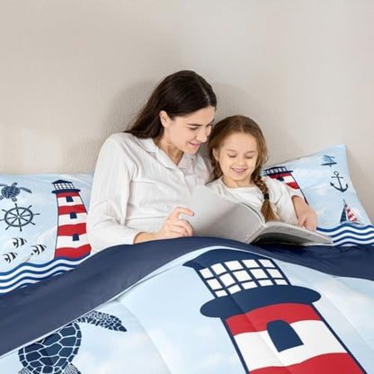 Homewish Lighthouse King Size Comforter Set,Kids Navigation Theme Decor All Season Bedding Set,Teens Anchor and Rudder Comforter,Blue Red Decor Quilt Set Bedroom Collection 3Pcs