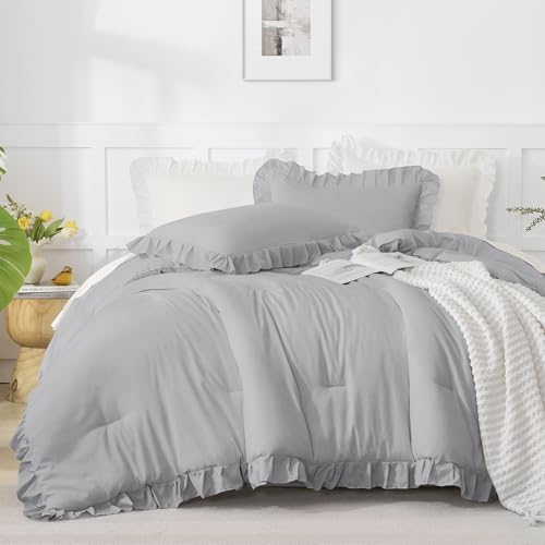 Andency Silver Gray Ruffle Comforter Twin XL, 2 Pieces Solid Farmhouse Bed