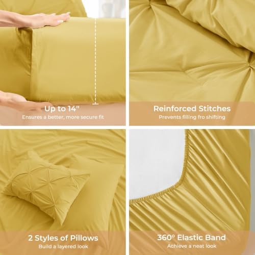 Sasttie King Size Comforter Set, 7-Piece Bed in a Bag, Pintuck Bedding Set for All Season, Includes Comforter, Flat Sheet, Fitted Sheet, Pillowcases and Pillowshams, Mustard Yellow