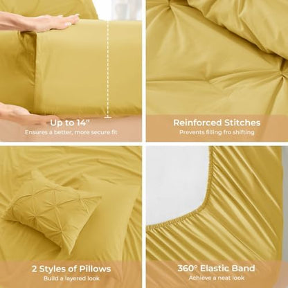 Sasttie Full Size Comforter Set, 7-Piece Bed in a Bag Double, Pintuck Bedding Set for All Season, Includes Comforter, Flat Sheet, Fitted Sheet, Pillowcases and Pillowshams, Mustard Yellow