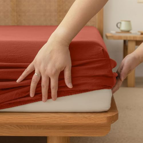 BESTOUCH Sheet Set 100% Washed Cotton Linen Feel Super Soft Comfortable Chic Lightweight 4 Pcs Home Bedding Set Solid Burnt Brick Red Queen