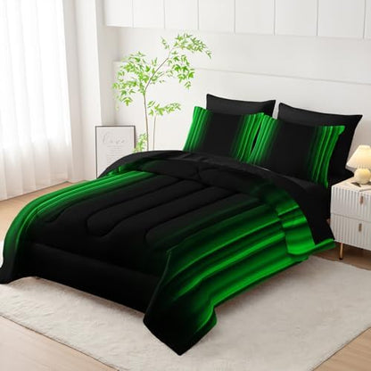 Nttopship Green and Black Bedding Set King Size Abstract Ombre Comforter Set Bedding Set 7 Piece in A Bag,Dark Quilt Set Mordern Art Decor All Seasons with Pillowcases,Flat, Fitted Sheet