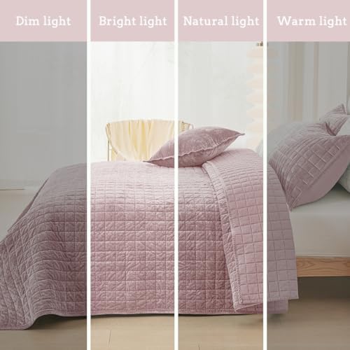 Quilt Set Oversized King Size 120x128 Luxurious Velvet Bedding Sets with 2 Pillow Shams 20x36 3 Pieces Ultra Soft Quilted Bedspread Coverlet Comforter for All Season, Pink