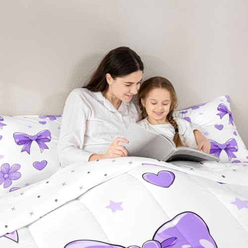 jejeloiu Bowknot Comforter Set King Size Bow Bedding Set for Kids Boys Girls White Purple Duvet Quilt Cute Bow-tie Bedroom Decor Microfiber 3 Pcs with 2 Pillow Cases