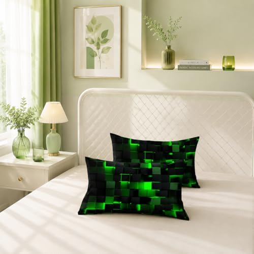 Nttopship Geometric Green Black Comforter Set,Light Honeycomb 3 Piece Bedding Set Twin Size for Teen Boys,Modern Quilt Set Geometry Decor,Microfiber Lightweight 1 Comforter 2 Pillowcases All Season