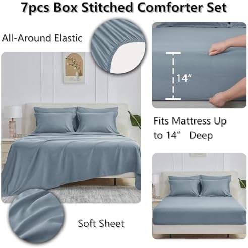 CozyLux Super King Comforter Set, 7-Piece Bed in a Bag, Grayish Blue