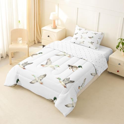 Feelyou Mallard Duck Bedding Set Soft for Boys Girls, Hunting and Fishing Comforter Set Twin Size Wild Animal Duvet Quilt Microfiber Wildlife White Bedroom Decor 2 Pcs with 1 Pillow Cases