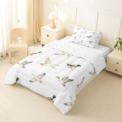Feelyou Mallard Duck Bedding Set Soft for Boys Girls, Hunting and Fishing Comforter Set Twin Size Wild Animal Duvet Quilt Microfiber Wildlife White Bedroom Decor 2 Pcs with 1 Pillow Cases