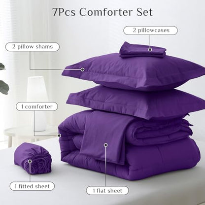 JOLLYVOGUE Queen Comforter Set, Ultra-Soft Bed in a Bag Queen Size 7 Pieces, Oeko-TEX Certified Bedding Set with Down Alternative Comforter, Sheets, Pillowcases & Shams, Purple