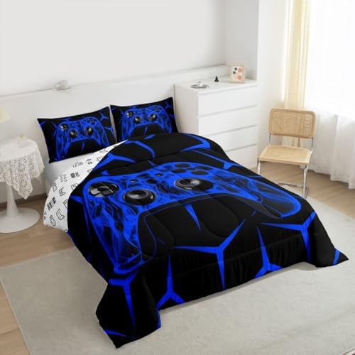 Feelyou Gamer Bedding Set Gamepad Comforter Set for Kids Boys Girls Teens Room Decor Gaming Gifts Comforter King Size Game Controller Blue Duvet Set 3Pcs