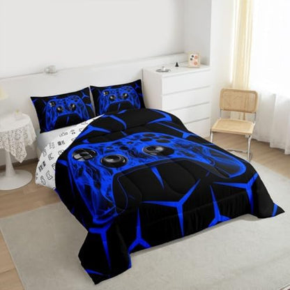 Feelyou Gamer Bedding Set Gamepad Comforter Set for Kids Boys Girls Teens Room Decor Gaming Gifts Comforter King Size Game Controller Blue Duvet Set 3Pcs