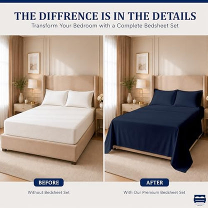 4 Piece Full XL Dorm Bedding Set for College, Egyptian Cotton, Navy Blue
