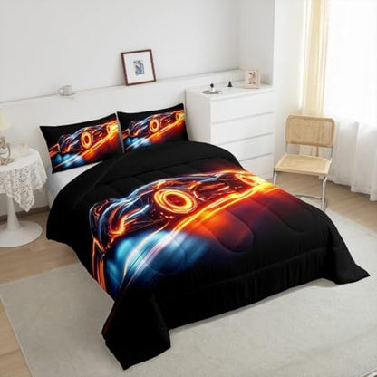 Erosebridal Boys Race Car Full Bedding Set Kids Racing Car Comforter Extreme Sports Bed Set for Teens Cool Car Room Decor Car Sports Quilt Set 1 Comforter Set with 2 Pillowcases,Black Blue Orange