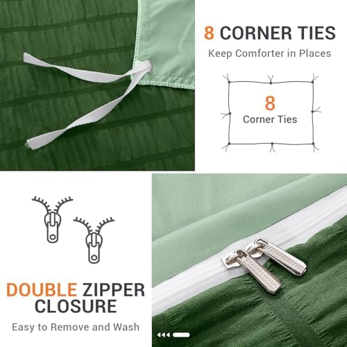 HYMOKEGE Dark Green/Sage Green Duvet Cover King Size, Ultra Soft 3-Piece Seersucker Duvet Cover Set with Zipper Closure, Soft Brushed Microfiber Bedding with 8 Corner Ties (104"x90", 2 Pillowshams)