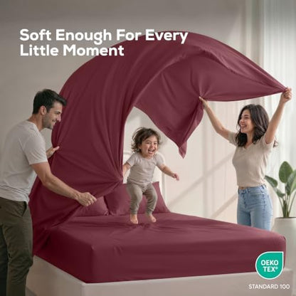 Full Sheets Set, 4 Pieces 16" Deep Pocket Hotel Luxury Bed Sheets, Burgundy