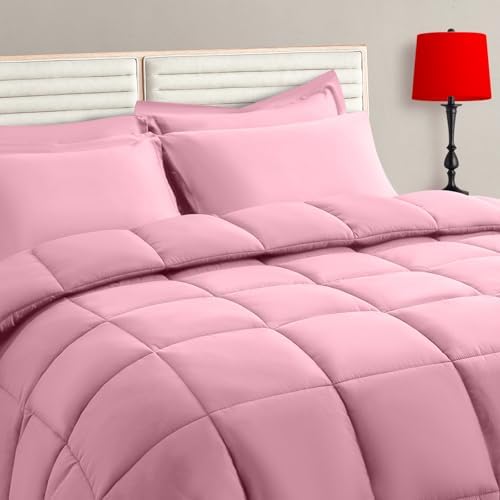 TAIMIT Pink Queen Size Comforter Set - 7 Pieces, Bed in a Bag Bedding Sets with All Season Soft Quilted Warm Fluffy Reversible Comforter,Flat Sheet,Fitted Sheet,2 Pillow Shams,2 Pillowcases