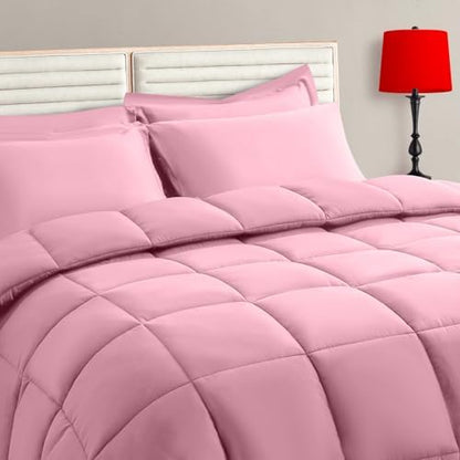 TAIMIT Pink Queen Size Comforter Set - 7 Pieces, Bed in a Bag Bedding Sets with All Season Soft Quilted Warm Fluffy Reversible Comforter,Flat Sheet,Fitted Sheet,2 Pillow Shams,2 Pillowcases