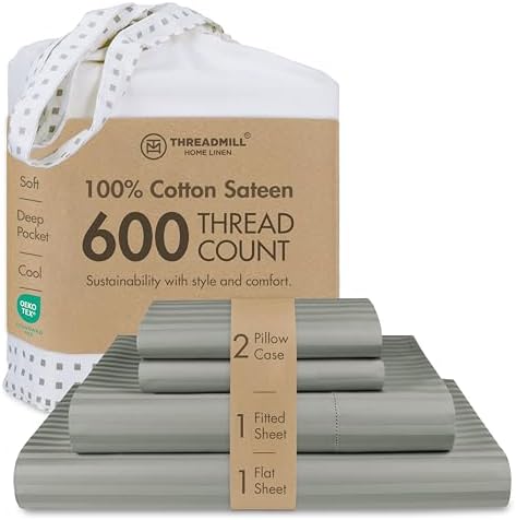 Threadmill 600TC Cotton Cal King Sheet Set, Sateen, Damask Stripe, Grey