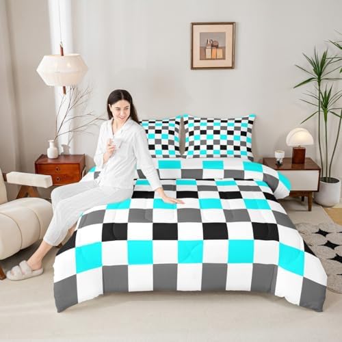 Feelyou Checkered Geometric Bedding Set for Boys Girls Teal Grey Black Plaid Comforter Set Queen Size Checkerboard Modern Aesthetic Duvet Quilt Reversible Grey Bedroom Decor 3 Pcs with 2 Pillow Cases