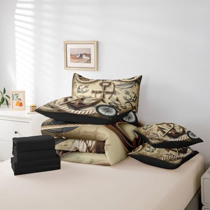 Erosebridal Nautical Anchor Bed in A Bag with Sheets Twin Retro Ship Anchor 7 Piece Comforter Set Navigation Compass Bedding Set,Ocean Adventure Theme Bedding Comforter Sets for Kids Boys Teens Youth