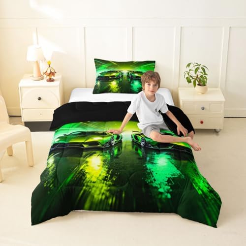 Feelyou Green Racing Car Kids Comforter Set Toddler Size Boys Sports Car Bedding Set Speed Sports Duvet Quilt for Kids Boys Girls Bedroom Extreme Decor Microfiber Ultra Soft Breathable