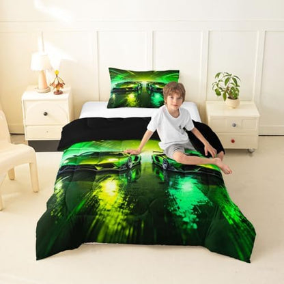 Feelyou Green Racing Car Kids Comforter Set Toddler Size Boys Sports Car Bedding Set Speed Sports Duvet Quilt for Kids Boys Girls Bedroom Extreme Decor Microfiber Ultra Soft Breathable