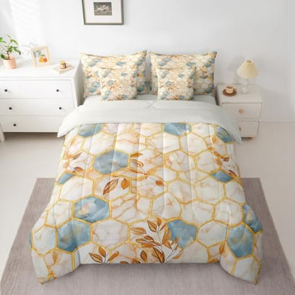 Erosebridal Honeycomb Bedding Set for Kids Teens,Marble Hexagon Comforter Set King Size,Patchwork Geometric Leaves (Comforter+Fitted+Flat Sheet+2 Pillowcases+2 Throw Pillow Covers) 7 Pieces Bed Set