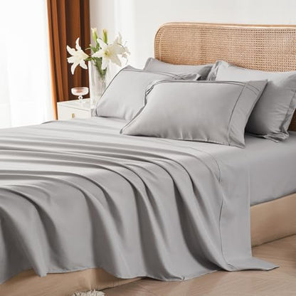Yogeneg King Size Comforter Set 7 Piece Bed in a Bag,Grid Pinch Pleat Grey Bedding Set,Striped Textured Soft Microfiber Comforter with Sheet Set,All Season Complete Bed Set(Grey,King)