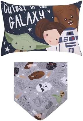 Star Wars Welcome to the Galaxy Navy and Gray Yoda, Princess Leia, R2-D2, and Chewbacca 2 Piece Toddler Sheet Set - Fitted Bottom Sheet and Reversible Pillowcase