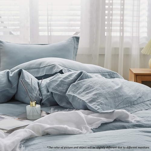 Simple&Opulence 100% French Flax Linen Duvet Cover Set with Embroidery Washed - 3 Pieces (1 Duvet Cover with 2 Pillow Shams) with Button Closure Soft Breathable Farmhouse - Dusty Blue, King Size