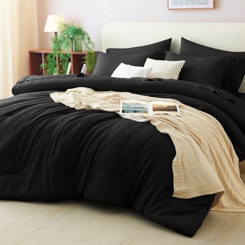 CozyLux California King Comforter Set Black, 7 Pieces Bed in a Bag