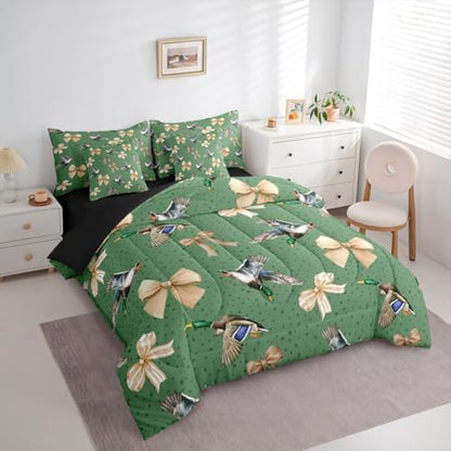 Erosebridal Mallard 7 Piece Bedding Set Queen Bowknot Comforter Set with Sheets Spot Hunting Stripe Cute Ribbon Bow Bed in a Bag Wild Duck Wildlife Pattern for Kids Boys Girls