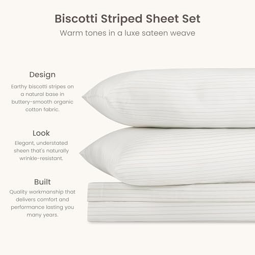 BIOWEAVES 100% Organic Cotton Sheets, 300 Thread Count 4-Piece GOTS Certified Bed Sheet Set Fits Mattress Upto 17" Deep Pocket, Soft & Silky Sateen Weave - Twin, Natural/Biscotti Stripes