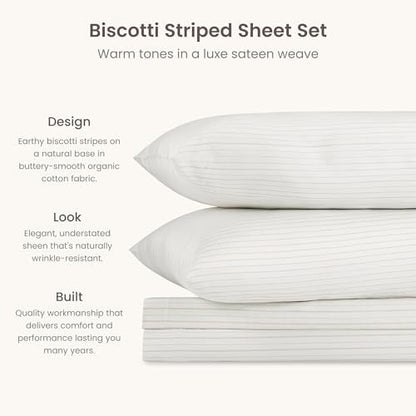 BIOWEAVES 100% Organic Cotton Sheets, 300 Thread Count 4-Piece GOTS Certified Bed Sheet Set Fits Mattress Upto 17" Deep Pocket, Soft & Silky Sateen Weave - Queen, Natural/Biscotti Stripes