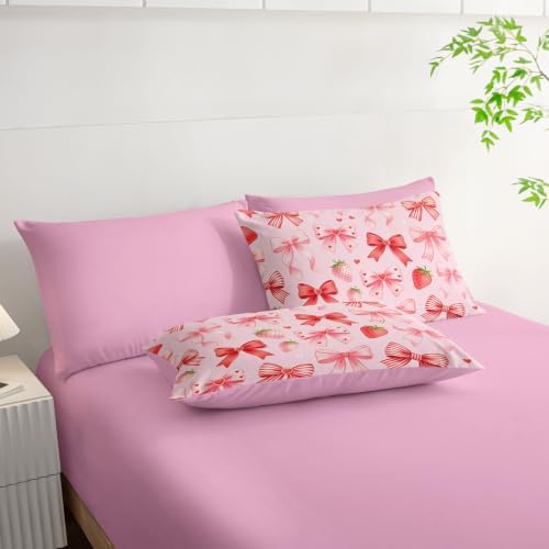 HOSIMA 7 Pieces Strawberry Bow Twin Bedding Sets for Girls Bedroom Decor.