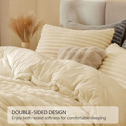 BEDELITE Fleece Queen Comforter Set, Fluffy Bed Set, Beige