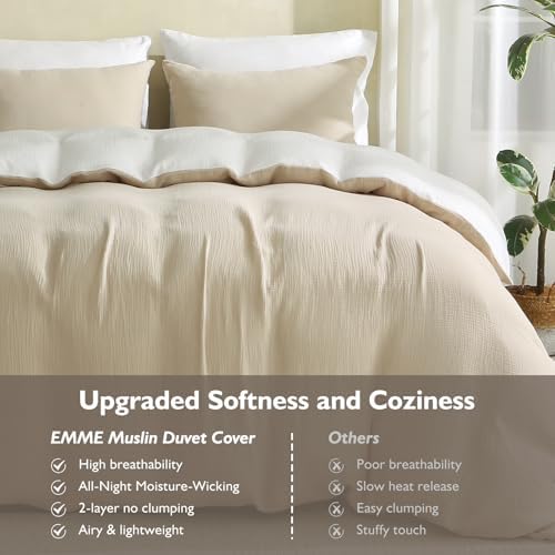 EMME Muslin Cotton Duvet Cover Set Linen Like Beige&White King