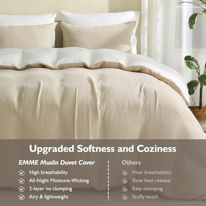EMME Muslin Cotton Duvet Cover Set Linen Like Beige&White King