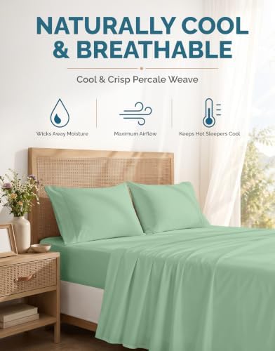 Casa Platino Twin XL Bed Sheets – 100% Cotton Sheets with 2 Pillowcases, Crisp Percale Weave & Cozy Feel, Cooling & Breathable Twin XL Sheet Set with 15" Deep Pocket, Excellent Quality – Sage Green