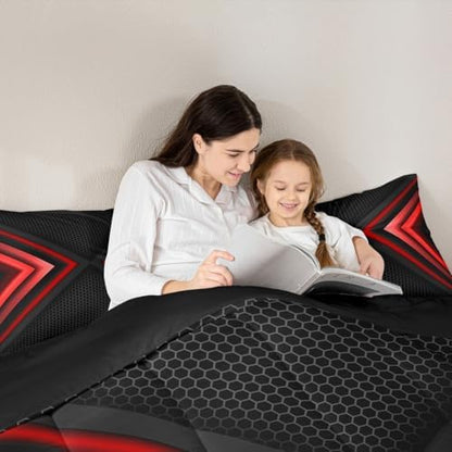 Castle Fairy Modern Full Size Comforter Set,Red Neon Bedding Set for Adults Teens,Children Black Honeycomb Comforter Luxury Cool Design Quilt Set Room Decor 3Pcs